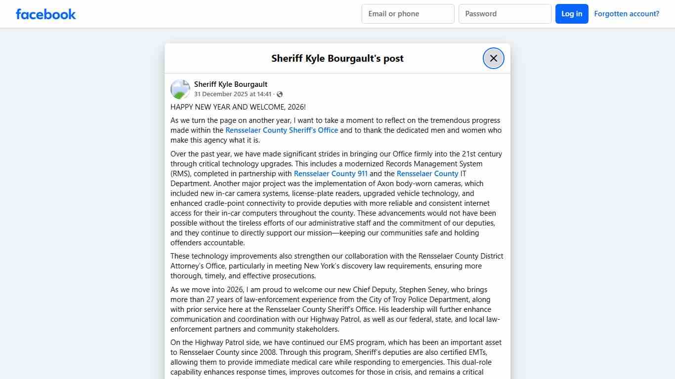 HAPPY NEW YEAR AND WELCOME, 2026!... - Sheriff Kyle Bourgault Facebook